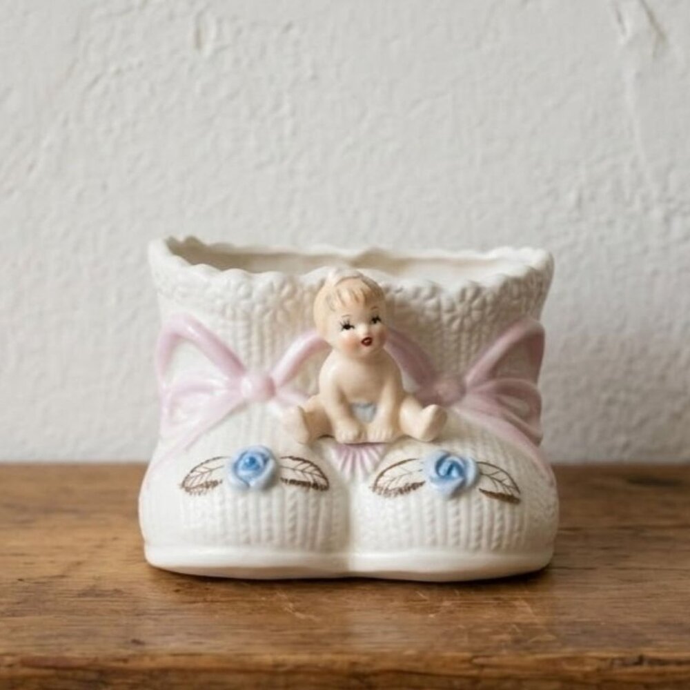 Vintage Napcoware 66388 Baby Bootie Planter Pink Bow Blue Rose Ceramic MCM Japan
